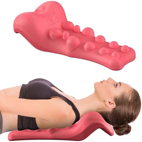 Neck and Shoulder Relaxer with Upper Back Massage Point, Cervical Traction Device Neck Stretcher for TMJ Pain Relief and Cervical Spine Alignment Chiropractic Pillow (Dark Pink)