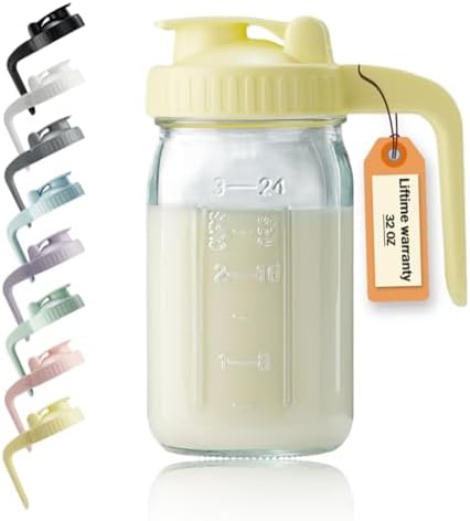 32oz Glass Pitcher with Lid & V-shaped Pour Spout - 1 Quart Breastmilk Pitcher Double Leak Proof, Creamer Container for Sun Tea, Juice, Cold Brew Coffee, Breastmilk Storage Container