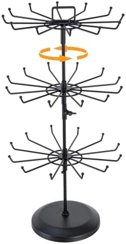 MyGift 3 Tier Classic Matte Black Metal Jewelry Tree with 360 Degree Rotating Arms, Spinning Necklace and Bracelet Tower Display Stand with 36 Hooks and Top Card Holder