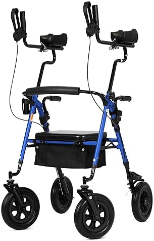 ELENKER Upright Rollator Walker, Stand Up Rolling Walker with 10’’Big PU Wheels and Adjustable Padded Armrests for Seniors from 4’8”to 6'4” (Blue)