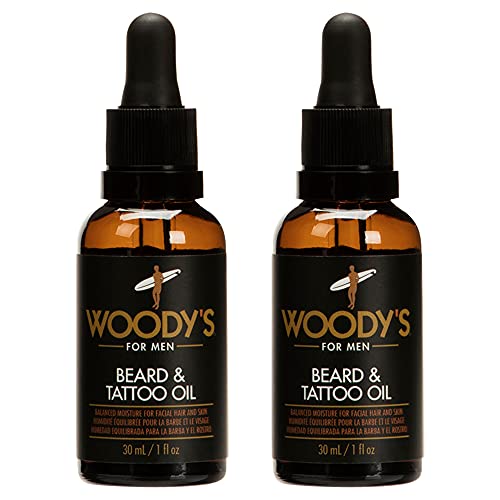 Woody's Tattoo & Beard Oil for Men - Hydrating & Conditioning Mens Beard Oi for Mustache Facial Hair & Tattoo Enhancement, 1 fl oz, 2 Pack