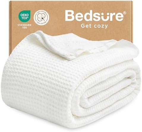 Bedsure 100% Cotton Blanket Twin XL Size for Bed - Breathable and Soft, Waffle Weave Blanket for Summer Spring, White, 66x90 inches