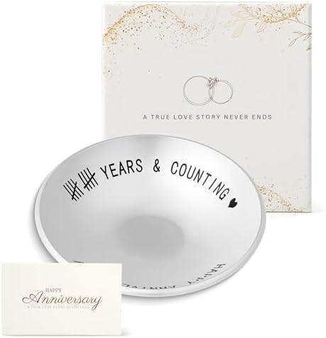 10 Year Anniversary Tin Gifts for Him - 10th Wedding Anniversary Jewelry Tray for Wife Couple Husband Her, Sliver Ring Holder Dish & Card & Gift Box, 4"