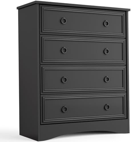 LGHM Modern 4 Drawer Dresser, Tall Dressers for Bedroom, Chest of Drawers Closet Organizers and Storage for Clothes - Easy Pull Handle, Textured Borders Drawers for Living Room, Hallway, Black