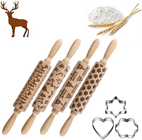 4Pack Christmas Wooden 3D Rolling Pins Embossed, Embossing Rolling Pin with Engraved Christmas Themed Symbols for Baking Embossed Cookies,Rolling Pin Kitchen Tool(14 in)