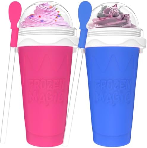 2PCS Slushie Maker Cup, Quick Frozen Magic Cups for Homemade Milk Shake Ice Cream Maker, Double Layer Squeeze Slushy Maker Cup, Birthday Gifts for Kids,Friends,Family (Blue+Pink)