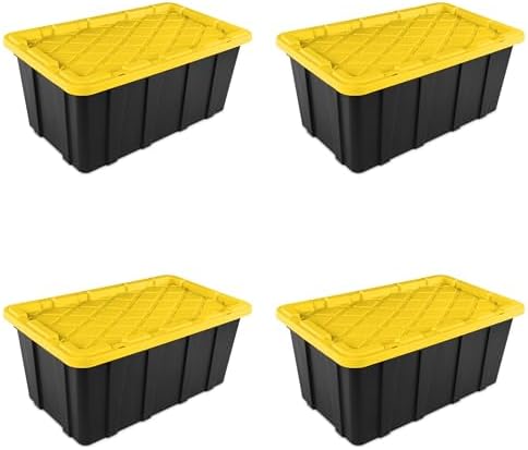 Sterilite 38 Gal Industrial Tote, Stackable Storage Bin with Snap-Fit Lid for Garage, Basement & Attic Storage, Black Base and Yellow Lily Lid, 4-Pack