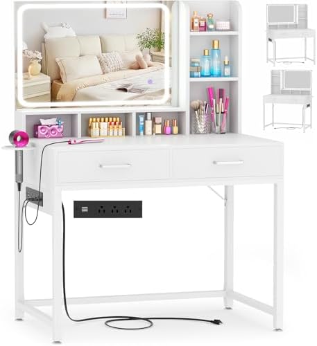 Small Vanity Desk, Vanity Desk with Mirror and Lights, Makeup Vanity Desks with Power Strip, Vanity Table with Drawers and Shelves, Adjustable Lighting, Dressing Table for Bedroom Dressing Room, White