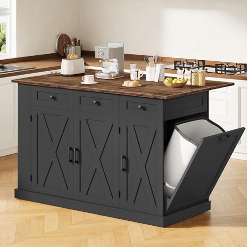 51.2" Movable Kitchen Island Table with Foldable Top, Kitchen Island Cart with Storage, Trash Bin Cabinet, 2 Drawers, Spice Rack, Shelf Adjustable, Black and Rustic Brown MZD03BF