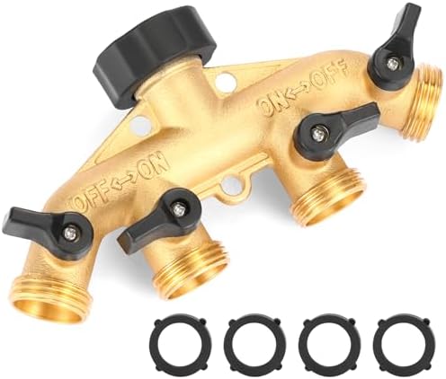 4 Way Heavy Duty Brass Garden Hose Splitter, Hose Connector 3/4", Hose Spigot Adapter with 4 Valves