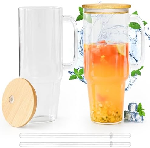 40 oz Glass Tumbler with Handle 2 Pack Glass Cups with Lids and Straws Wide Mouth Iced Coffee Cups for Smoothie, Cocktail Beer, Soda, Fruit Juice, BPA Free with Bamboo Lids