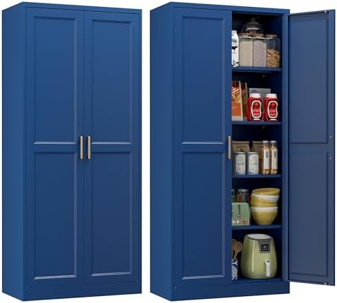 Kitchen Pantry Cabinet, 71 Inch Tall Metal Pantry Cabinet with Doors and Adjustable Shelves, Freestanding Food Cupboard, Storage Cabinets for Dining, Living Room, Navy Blue, Assemble Required