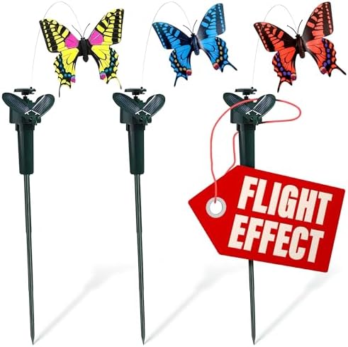 3 Pcs Fluttering Solar Butterfly Garden Stakes – Moving Butterfly Decorations with Solar Butterflies, Easy Installation Waterproof Outside Decor Stakes, Three Bright Colors | Battery NOT Included