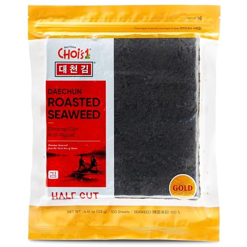 CHOI's 1(Daechun) Roasted Seaweed, GIM, Sushi Nori(100 Half Sheets)/ Resealable, Gold Grade/Product of Korea/Kimbap, Gimbap, Vegan, Keto, Gluten Free, Full of Fiber, Vitamin, Mineral, High protein