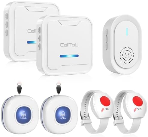 CallToU Wireless Caregiver Pager Call Button for Elderly, Medical Alert Systems for Seniors/Elderly Monitoring with 4 Call Bell, 500+Feet, 2 Plug-in Receiver+1 USB Receiver for Home Patients Emergency