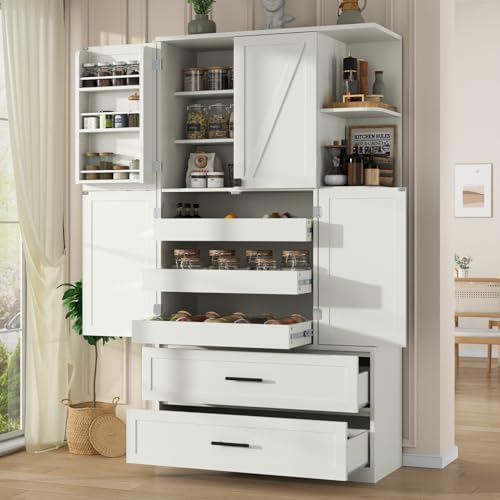 Loomie 66.9" Farmhouse Kitchen Pantry Cabinet, 5 Drawers Storage Cabinet with 4 Side Shelves & 6 Door Shelves, Freestanding Hutch with Doors, Buffet Sideboard, Cupboard for Dining Room, White (White)