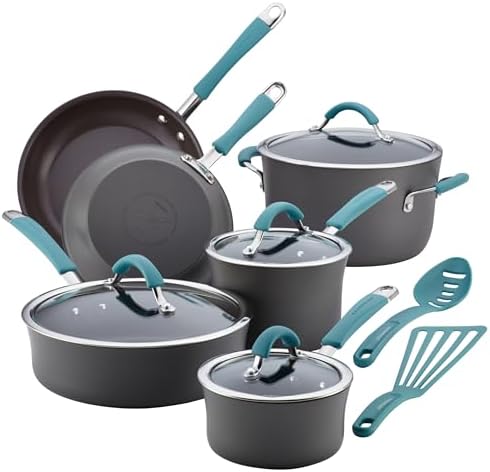 Rachael Ray Cucina Hard Anodized Nonstick Cookware Pots and Pans Set, 12 Piece, Gray with Blue Handles