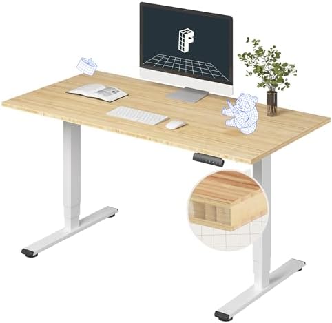 FLEXISPOT E6 Essential Bamboo 3 Stages Dual Motor 55x28 Inch Electric Height Adjustable Standing Whole-Piece Board Desk Sit Stand Up Desk (White Frame + Bamboo Desktop)