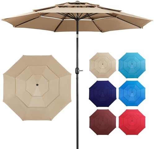 Yaheetech 3-Tier Patio Umbrella 10ft Vented Outdoor Canopy Sun Shade Large Market Table Umbrella Double-layer Cloth & Push-button Tilting for Yard/Garden/Park Tan