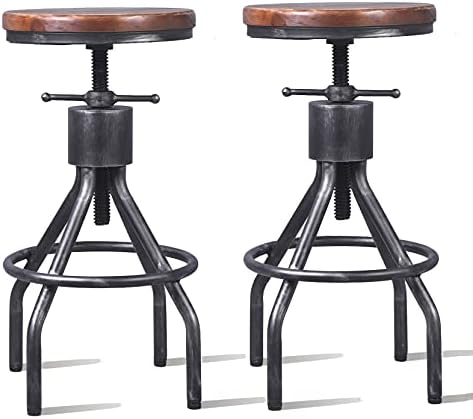 LOKKHAN Set of 2 Industrial Bar Stool-Vintage Adjustable Round Wood Metal Swivel Bar Stool-Cast Iron-23-30 Inch Tall Counter Bar Height Farmhouse Kitchen Stools