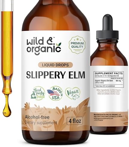 Wild & Organic Slippery Elm Liquid Drops - Lung, Digestive & Women's Support - Slippery Elm Bark Extract Tincture - Ulmus Rubra Supplement - Vegan, Sugar & Alcohol-Free - 4 fl oz
