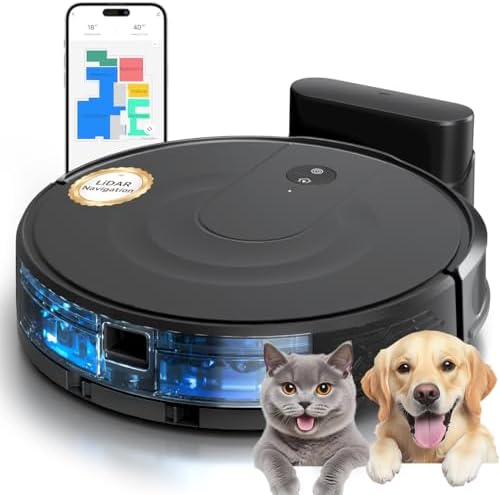 Robot Vacuum and Mop Combo, 9000Pa Robotic Vacuum Cleaner with Smart LiDAR Navigation, Ultra-Slim, App & Voice Control, Ideal for Pet Hair, Carpets, Hard Floors