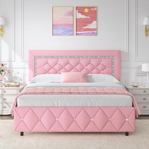 HOMBCK Queen Bed Frame with Diamond Headboard, Faux Leather Upholstered Platform Bed, Mattress Foundation, No Box Spring Needed, Easy Assembly, Pink