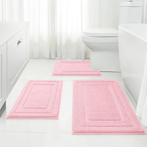 HOMEIDEAS Bathroom Rugs Sets 3 Piece, Super Soft and Absorbent Non Slip Microfiber Toilet Bath Mat with U-Shaped (Light Pink)