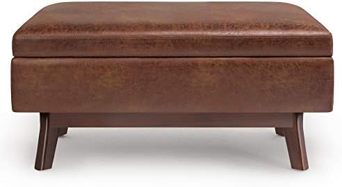 SIMPLIHOME Owen 36 inch Wide Mid Century Modern Rectangle Small Rectangular Storage Ottoman in Distressed Saddle Brown Vegan Faux Leather, Assembled, for the Living Room, Entryway and Family Room