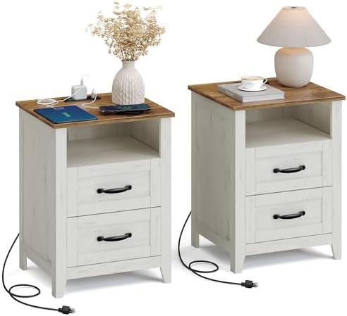 VASAGLE LIRY Collection - Farmhouse Nightstands with Charging Station, Set of 2 Bedside Tables, Side Tables with 2 Drawers, Open Compartment, for Bedroom, Rustic White and Honey Brown ULET869W01