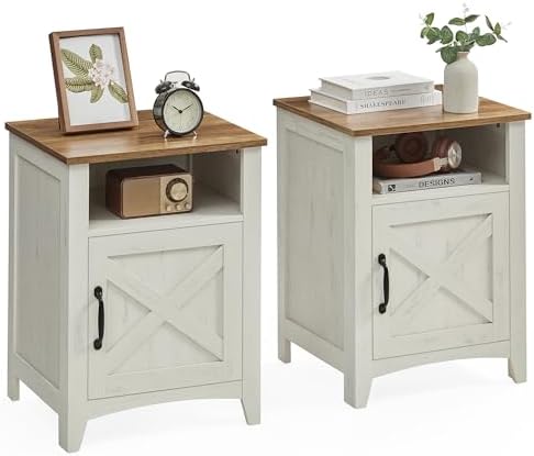 VASAGLE LIRY Collection - Farmhouse Nightstand with Barn Door, Set of 2, Bedside Table with Storage, Side End Table, Night Stand, Open Compartment, for Bedroom, Rustic White and Honey Brown ULET809K41