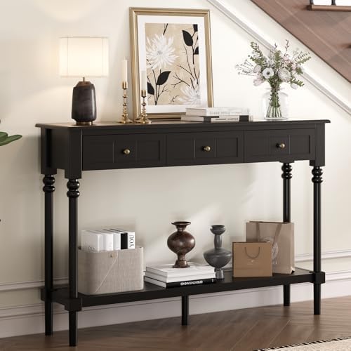 Console Tables with Drawers,43" Entryway Table with Shelf and Solid Wood Legs,Narrow Long Sofa Table with Storage, Wood Foyer Tables for Entryway,Living Room,Hallway,Black
