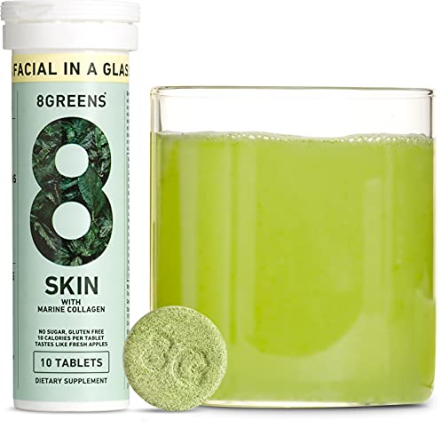 8Greens Daily Greens Skin Effervescent Tablets - for Healthy Skin, Hair, and Nails, Made with Marine Collagen & Biotin, Greens Powder, Vitamin C, Apple Flavor, 10 Tablets