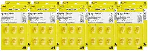 Amazon Basics 60-Pack Hearing Aid Size 10 Zinc-Air Batteries, 1.45 Volt, Yellow Tab, 4-Year Shelf Life, Child-Safe Package (Use Scissors to Open)
