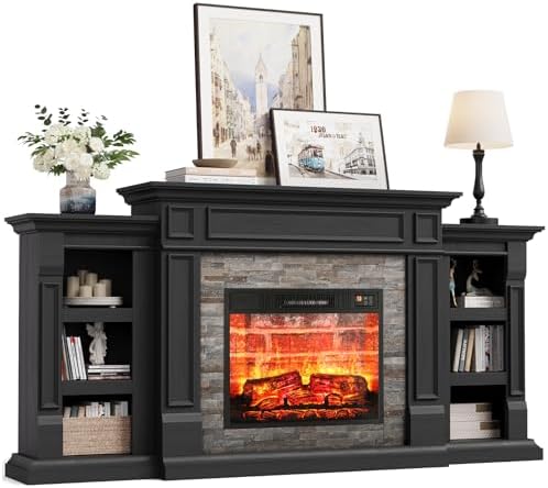 Naice 72" Electric Fireplace with Mantel and Cabinets, Fireplace TV Stand for Living Room Bedroom, Stacked Stone Surround and Remote Control 3D Realistic Flame, Black
