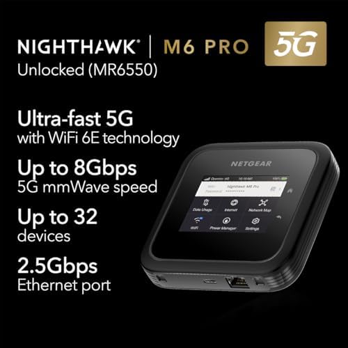NETGEAR Nighthawk M6 Pro Mobile Hotspot 5G mmWave, 8Gbps, Unlocked,AT&T, T-Mobile,Verizon International Roaming 125 Countries,WiFi 6E,Portable Device with touch control, Modem Wireless Router(MR6550)