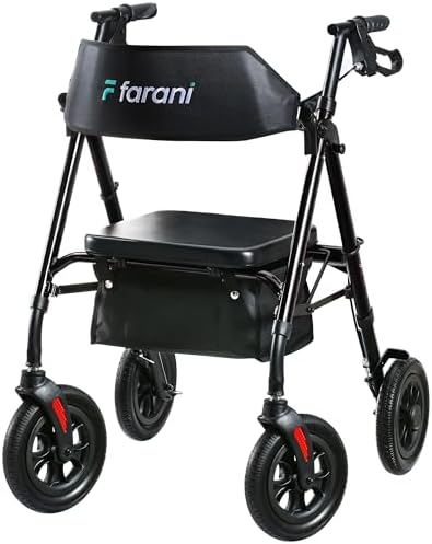 Farani All Terrain Rollator Walker - 10" Non-Pneumatic Tires, Cushion Seat & Padded Backrest, Ergonomic Dual Height Adjustable Handles, Foldable Aluminum Walker for Seniors, Black