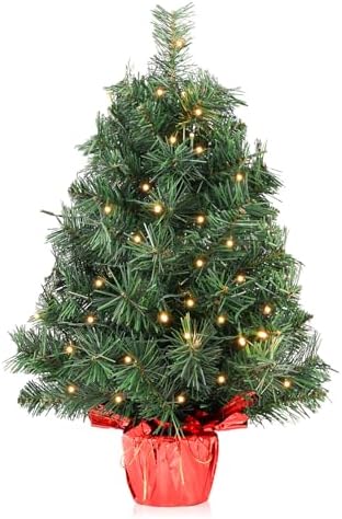 2ft Pre-lit Artificial Mini Christmas Tree,Small Xmas Pine Tree with 50 Lights, Tabletop Christmas Tree Battery Operated Green Xmas Tree for Tabletop