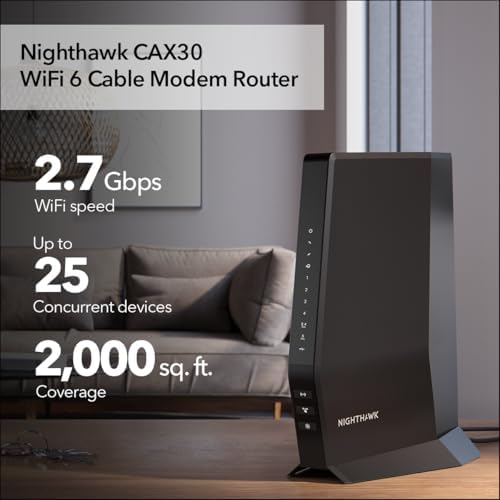 NETGEAR Nighthawk Modem Router Combo (CAX30) DOCSIS 3.1 Cable Modem and WiFi 6 Router - AX2700 2.7 Gbps - Compatible with Xfinity, Spectrum, Cox, and More - Gigabit Wireless Internet