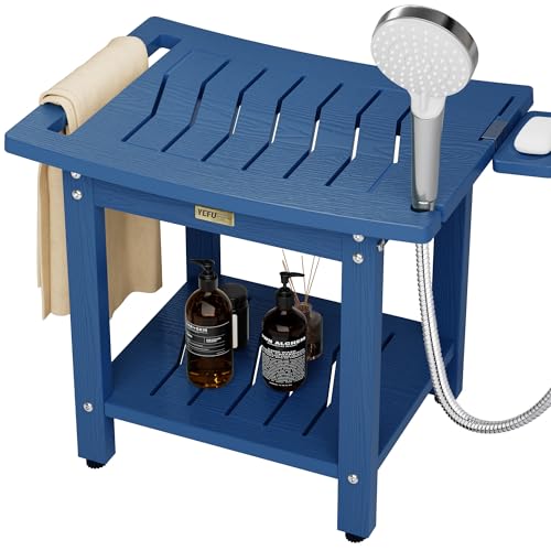 YEFU Shower Chair for Inside Shower: 21 Inch Oversized Waterproof/No Maintenance - Shower Stool with Shelf & Handle 400 LBS - Bathrooms/Outdoor - Non-Slip Easy Assemble Bench for Adult/Elderly/Navy