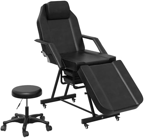 Tattoo Chair, Adjustable Facial Chair 73 Inch Salon Bed with Hydraulic Stool for Professional Massage Beauty Spa (Black)