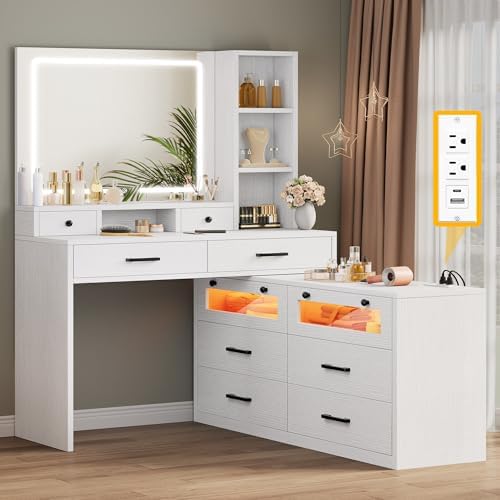 DWVO Large Vanity Desk with Mirror - RGB LED and Charging Station, Make up Vanity Mirror with 3 Lights Mode and Brightness Adjusted, Large Storage Space-10 Drawers, 3 Open Shelves, White
