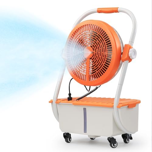 TURBRO Cordless Misting Fan with 11L Tank, High Pressure Spray Nozzles, 15ft Mist Range, Up to 50 Hours Run Time with Rechargeable Battery, 360° Swivel Wheels, Ideal for Patio, Pool and Outdoor Use