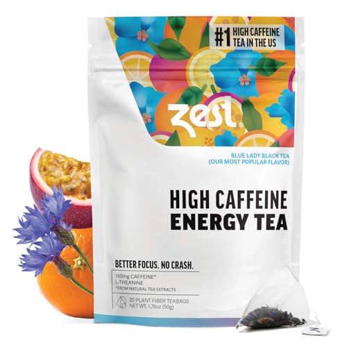 Zest 150mg High Caffeine Energy Leaf Blend - Blue Lady Black Tea - 20 Pack Bag - Hot or Iced - All Natural Strong Flavored Healthy Coffee Alternative Highly Caffeinated Substitute - Perfect for Keto
