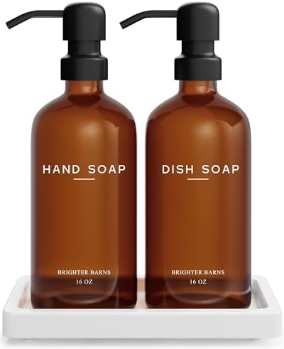 Amber Glass Hand and Dish Soap Dispenser Set by Brighter Barns - Kitchen Soap Dispenser Set with Tray for Kitchen, Airbnb, Vacation Rental or Restaurant - Modern Kitchen Decor & Accessories (Amber)