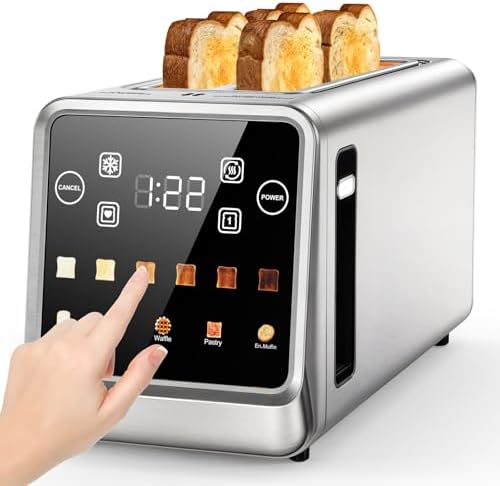 Toaster 4 Slice, Digital Smart Touch Screen with Memory Function, Single Slot Tech, Stainless Steel Toaster Wide Slot for Bagels | 6 Toast Settings & 5 Bread Types | Defrost & Reheat