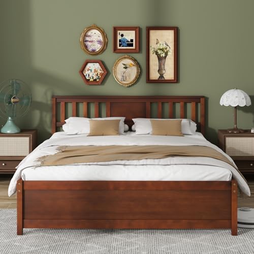 Giantex Queen Size Solid Wood Platform Bed Frame, Mid Century Queen Bed Frame with Headboard, Wood Slat Support, Panel Bed, No Box Spring Needed, Easy Assembly, Walnut