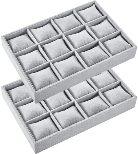 Henoyso 2 Pieces 12 Grid Velvet Watch Tray Jewelry Organizer Stackable Watch Bracelet Bangle Display Holder Adjustable Pillow (Gray)