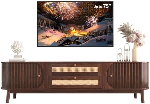 Merax Modern Fluted TV Stand for 75" TVs, Mid-Century Entertainment Center Tambour Door Media Console TV Cabinet with Rattan-Front Drawer for Living Room, Curved Profile Design