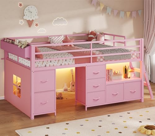 ADORNEVE Low Loft Bed Twin Size with 7 Storage Drawers, Bookcase and LED Lights, Metal Kids Loft Bed with 14" H Safety Guardrail,Inclined Ladder and Play Curtain, Under-Bed Play Space,Pink